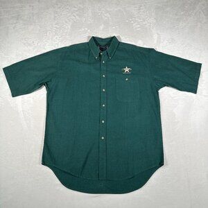 Indigo Blue Shirt Men Size L Green Short Sleeve Linen Cotton Blend Hong Kong VTG